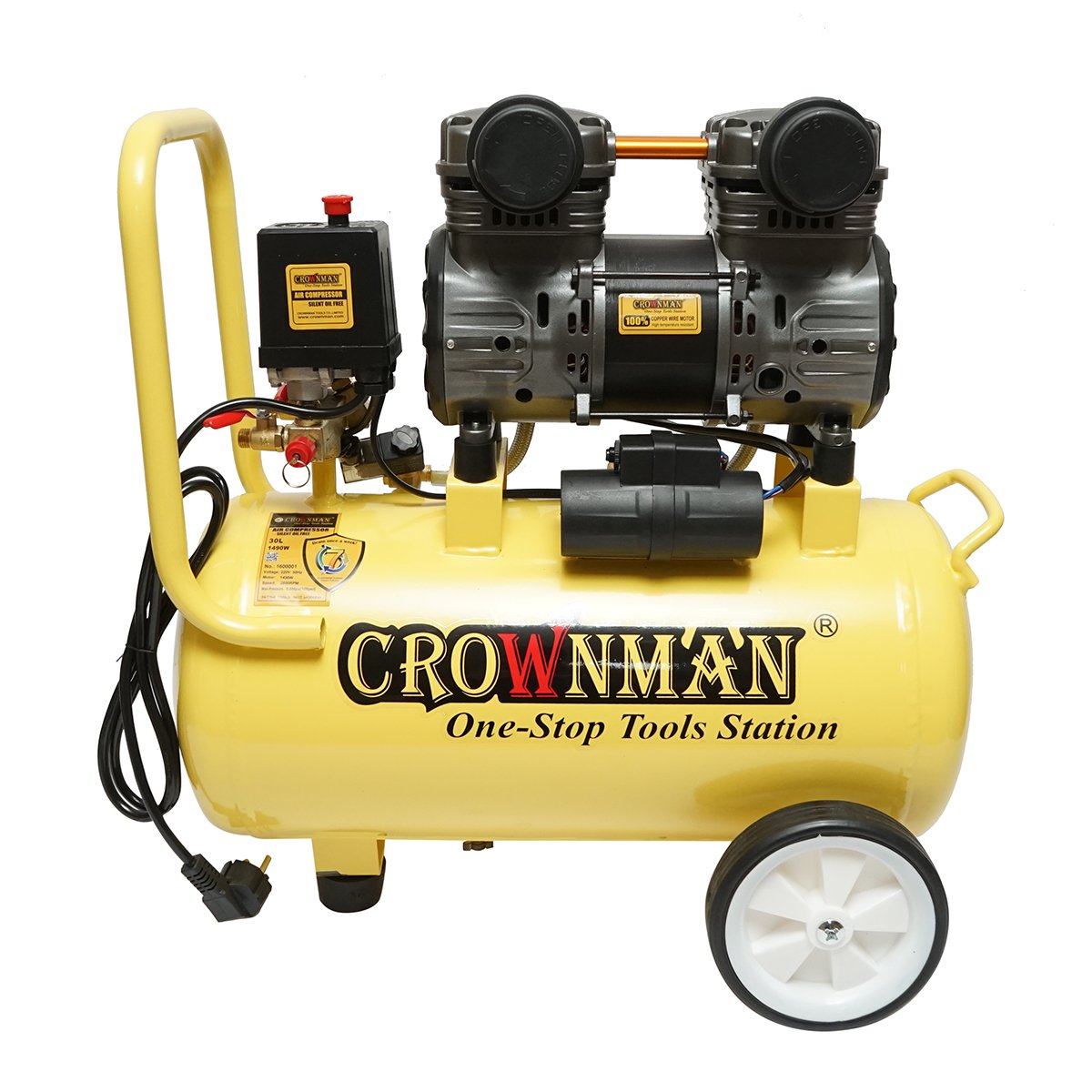 Compresor aer fara ulei silentios, volum 30L, putere 1490W/2CP presiune maxima 8 bar, volum aer aspirat 130 L/min Crownman
